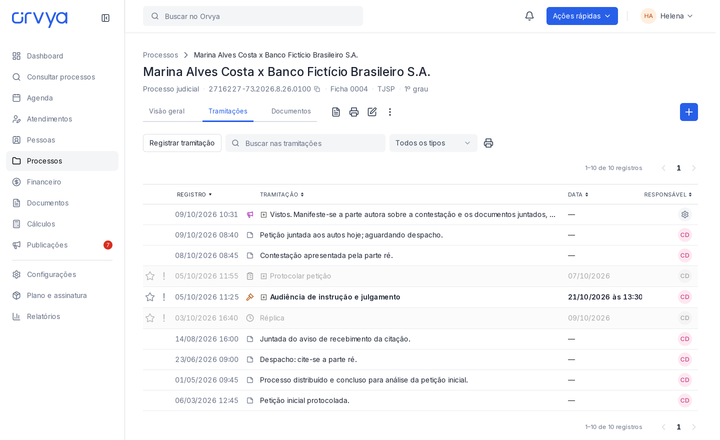 Ficha de processo aberta em Tramitações com registros, busca e filtro de tipo.
