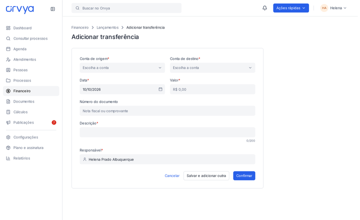 Adicionar transferência com contas de origem e destino, data, valor e responsável.