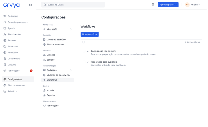 Configurações com a lista de Workflows e a ação Novo workflow.