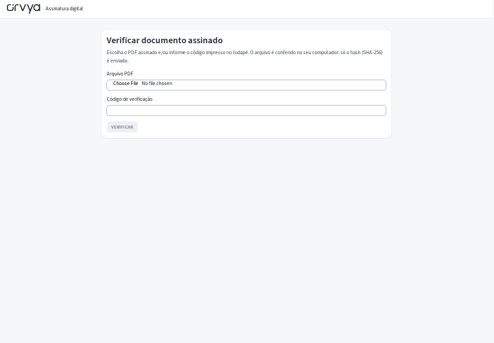 Página pública Verificar documento assinado com arquivo PDF e código.