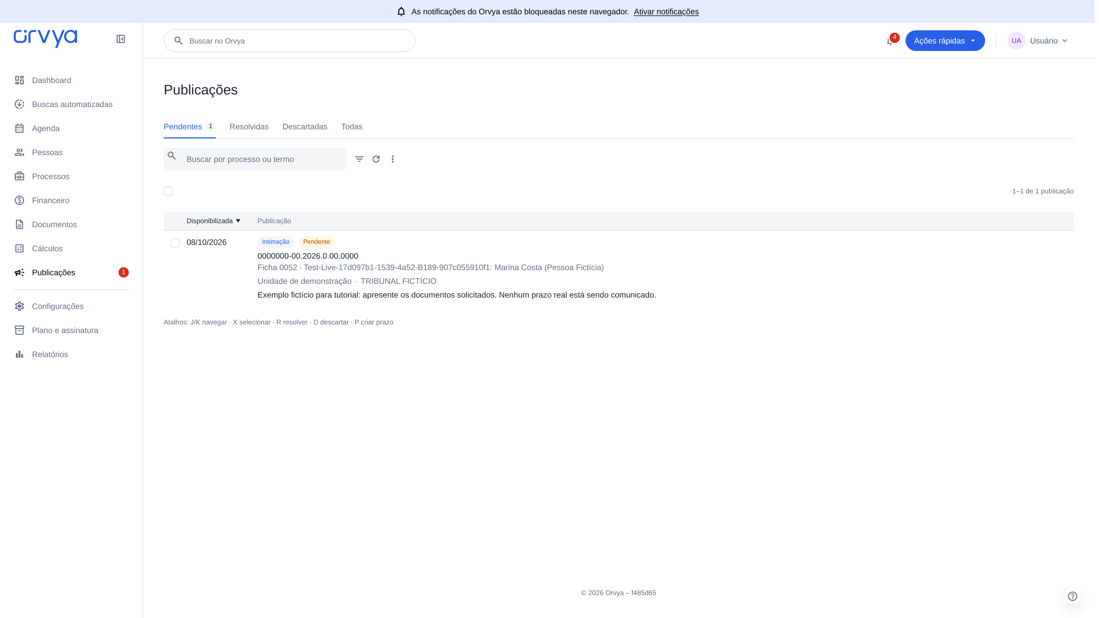 Lista Publicações com as abas Pendentes, Resolvidas, Descartadas e Todas e uma publicação fictícia.
