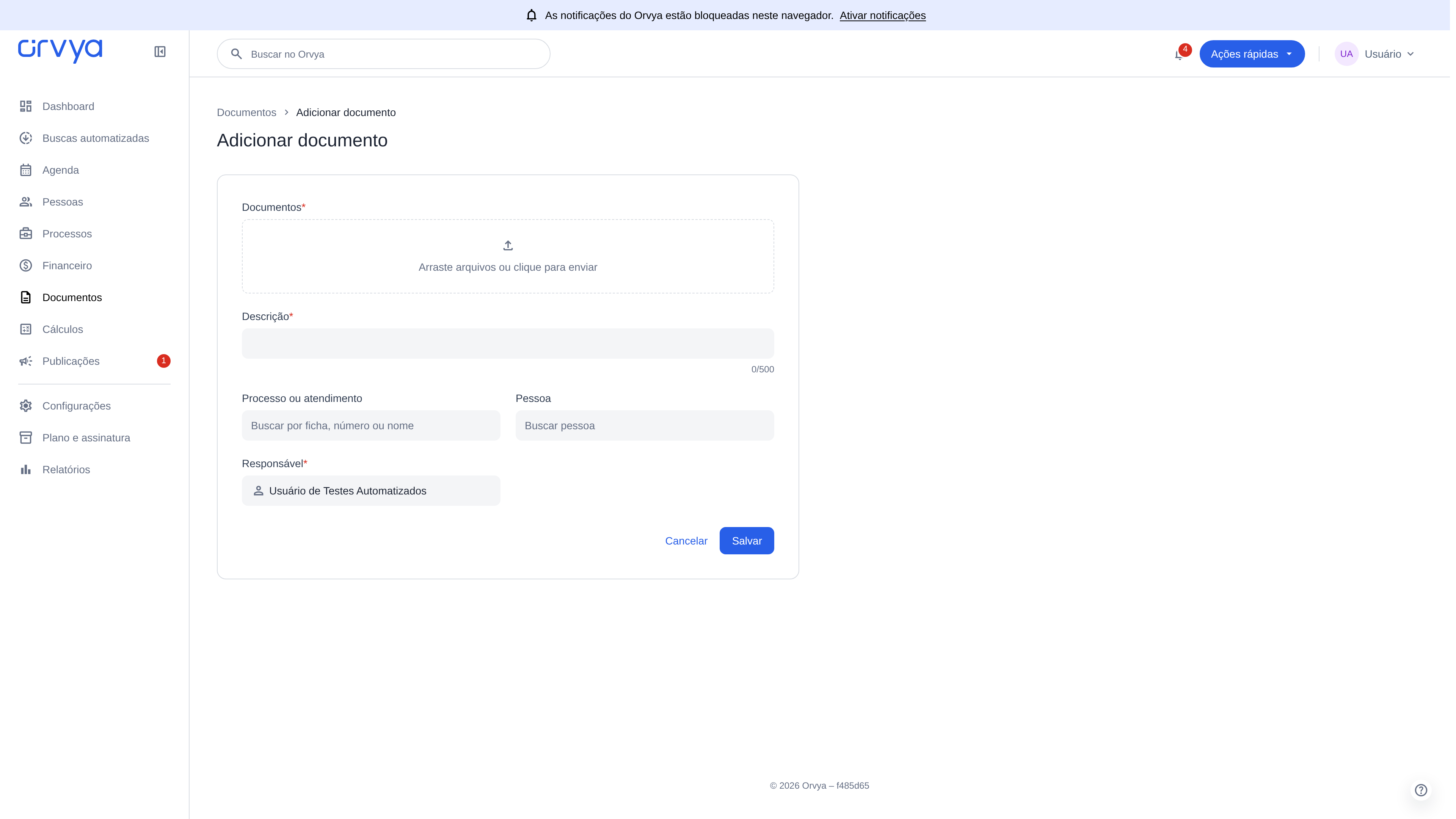 Cadastro de documento com área de envio, Descrição, vínculos opcionais e Responsável.