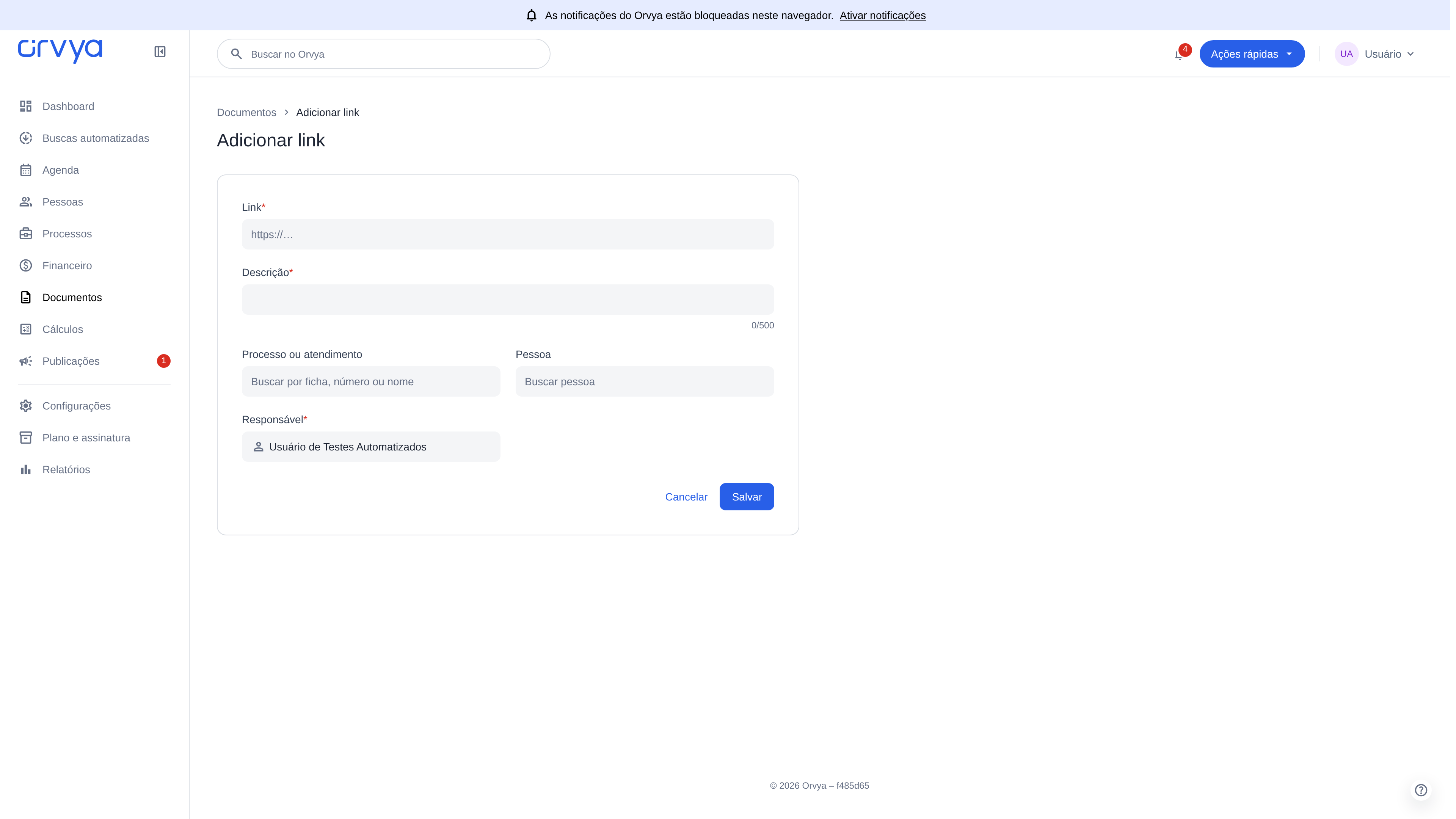 Cadastro de link com Link, Descrição e Responsável.