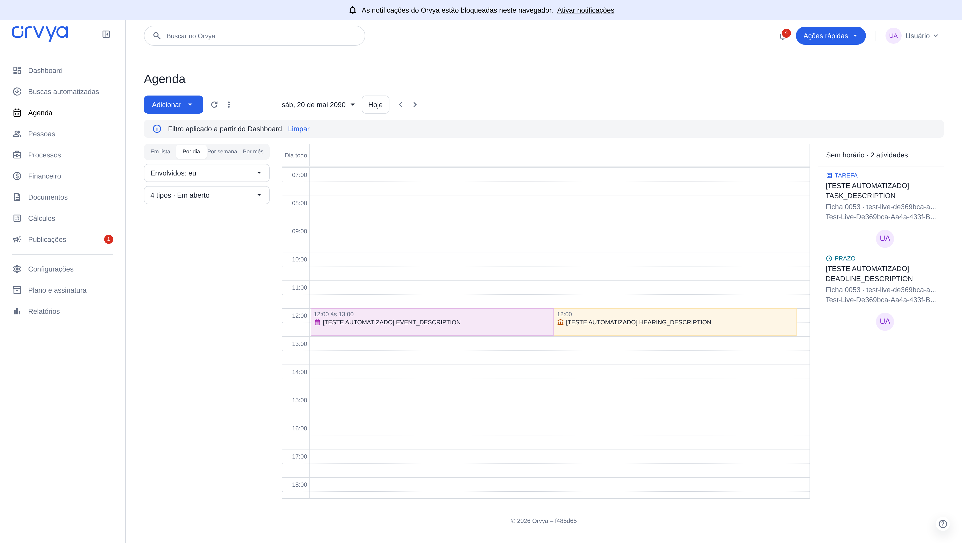 Agenda na visualização Por dia, com filtros de envolvidos, tipos e situação.